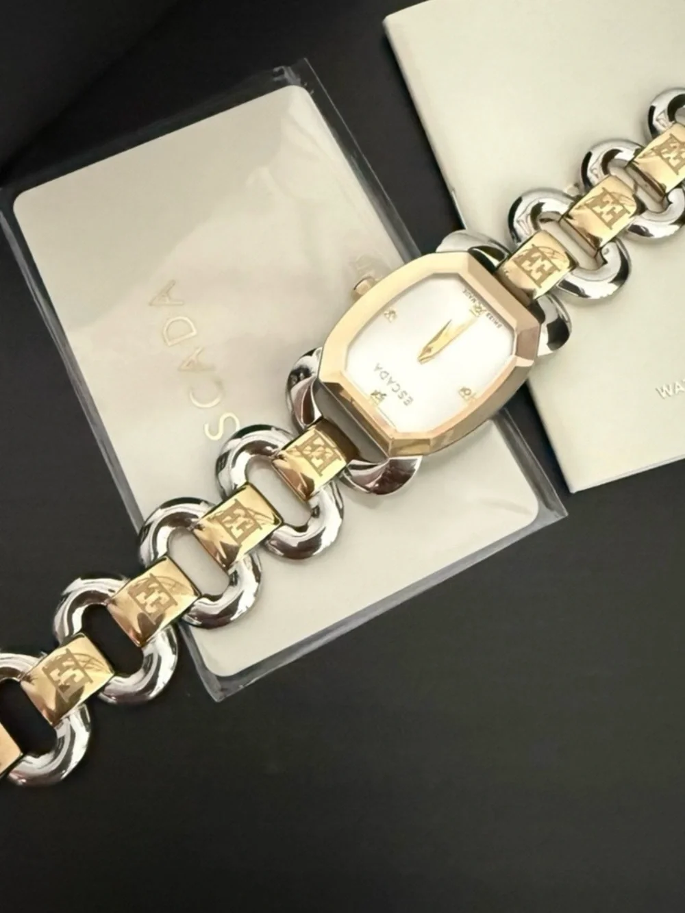 Escada Two-Tone Gold and Silver Link Bracelet Watch with White Dial